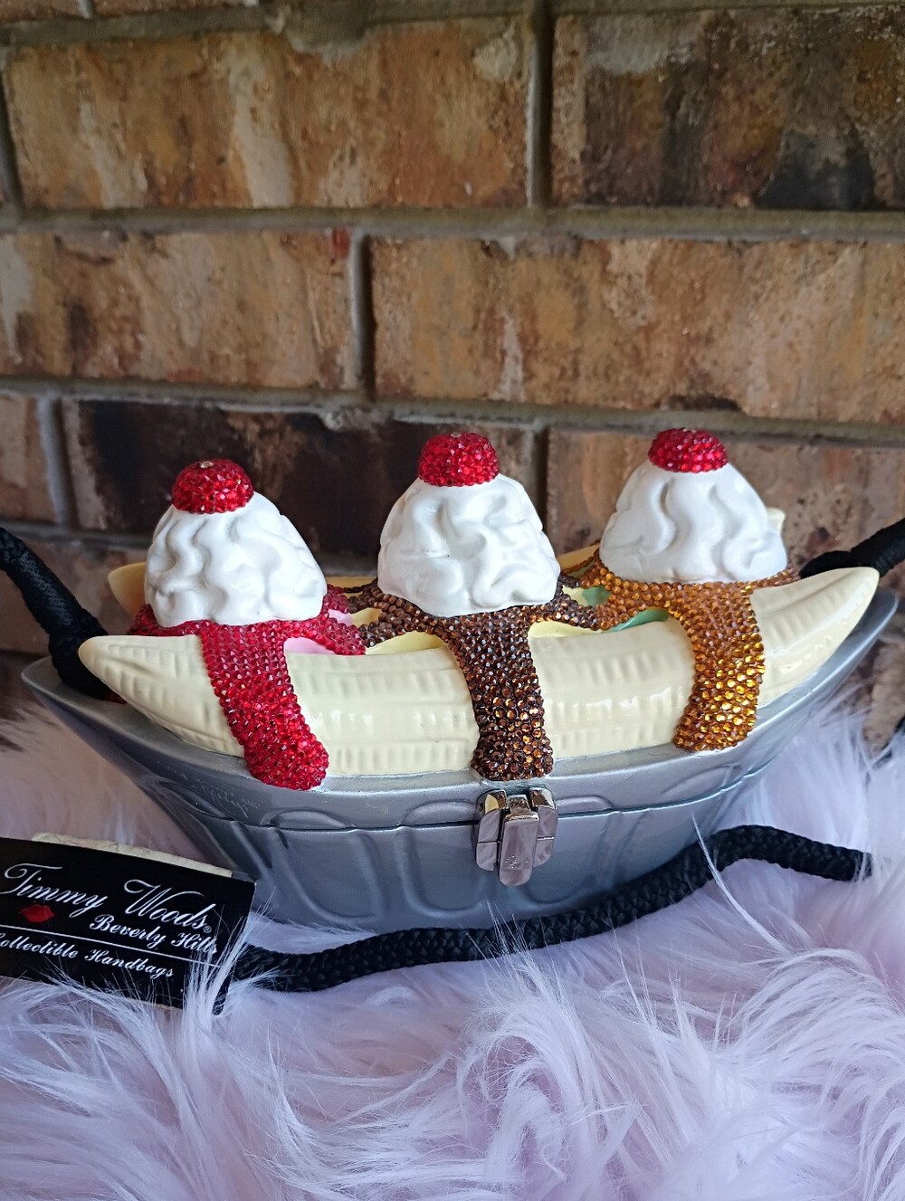 Wow! Rare NEW Timmy Woods Swarovski Crystal Wooden Banana Split Ice Cream Bag